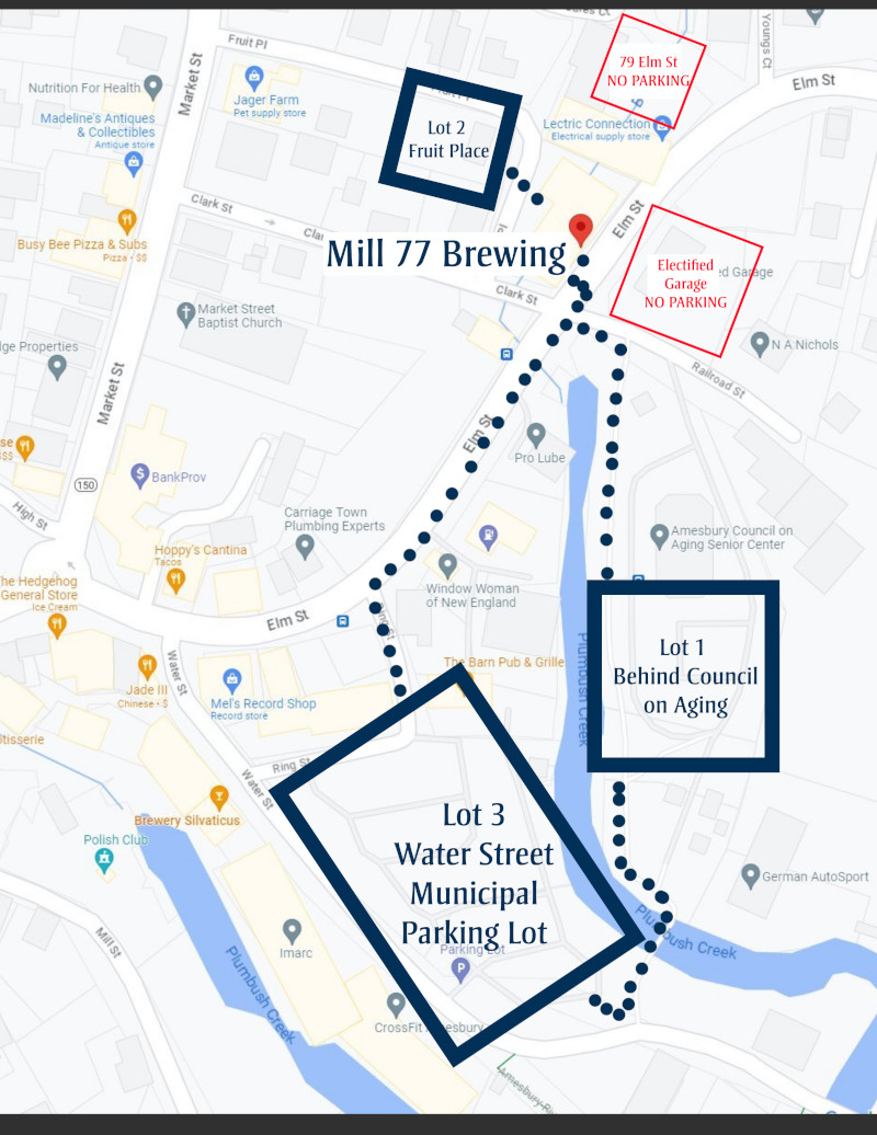 Mill 77 Brewing parking map in Amesbury MA